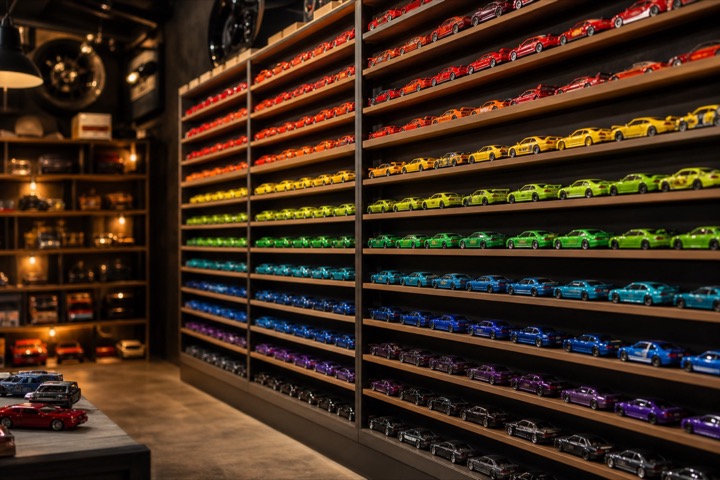 Organized wall display of Hot Wheels and diecast cars