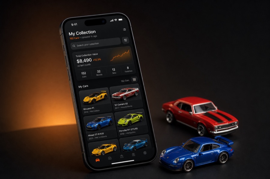 Die Cast Shelf app on iPhone showing a diecast collection grid